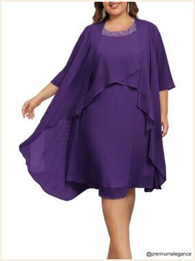 Plus Size 2 Piece Dress with Jacket Flowy A-Line Wedding Guest Midi Dress